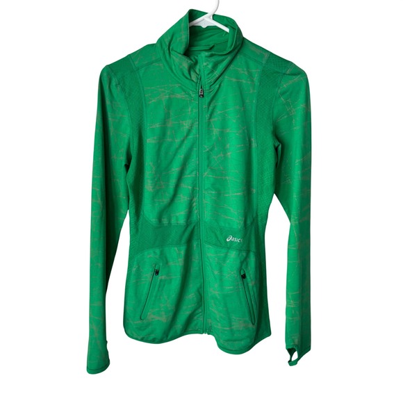 Asics Jackets & Blazers - Asics Womens Green Graphic Full Zip Track Jacket Mock Neck Thumbholes Size S
